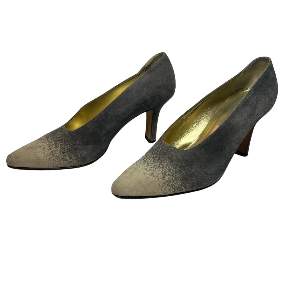 Escada Size 8 Gray Ombre Suede Pumps Pointed Toe Gold Lined Block Heeled Shoes